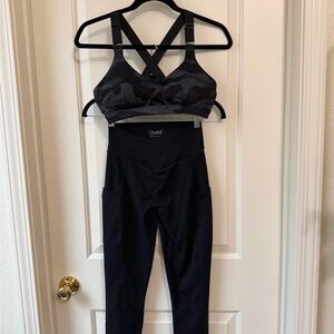 Bombshell Sportswear Black Leggings and camo sports bra set